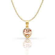 14K Gold Quinceanera Heart Pendant with 2mm Hollow Cuban Bevel Chain