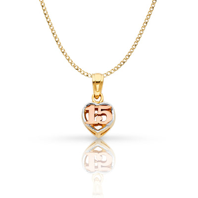 14K Gold Quinceanera Heart Pendant with 2mm Hollow Cuban Bevel Chain