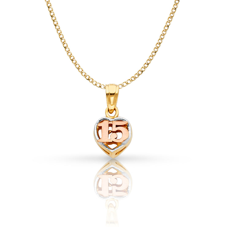 14K Gold Quinceanera Heart Pendant with 2mm Hollow Cuban Bevel Chain