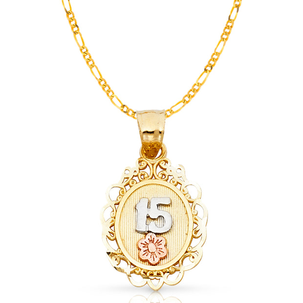 14K Gold Quinceanera Round Pendant with 2mm Figaro 3+1 Chain