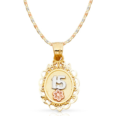 14K Gold Quinceanera Round Pendant with 2.1mm Valentino Chain