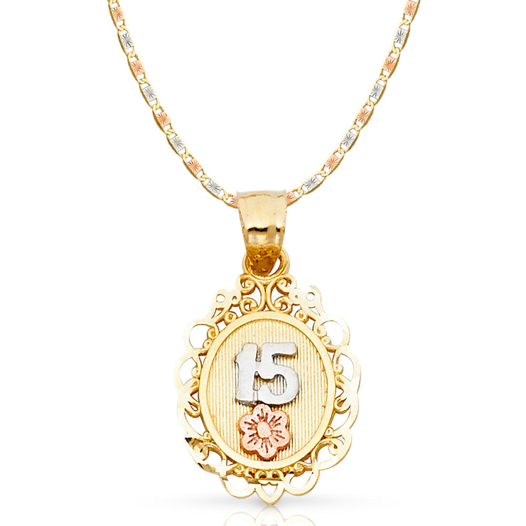 14K Gold Quinceanera Round Pendant with 2.1mm Valentino Chain