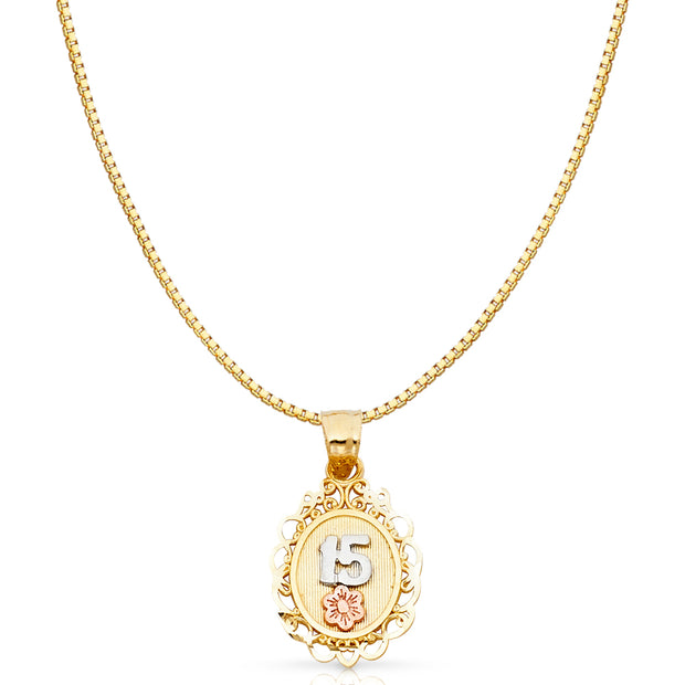 14K Gold Sweet 15 Years Quinceanera Round Charm Pendant with 0.8mm Box Chain Necklace