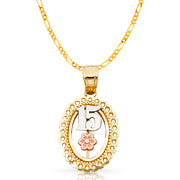 14K Gold Quinceanera Round Pendant with 2mm Figaro 3+1 Chain