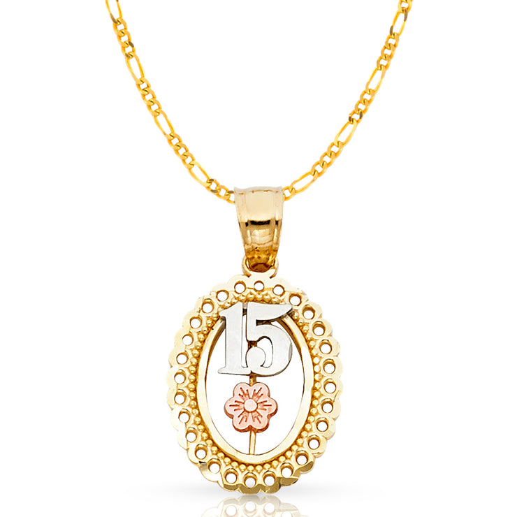 14K Gold Quinceanera Round Pendant with 2mm Figaro 3+1 Chain