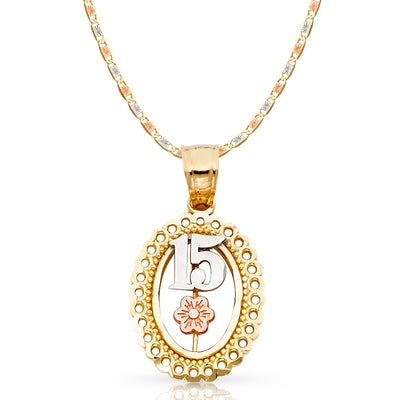 14K Gold Quinceanera Round Pendant with 2.1mm Valentino Chain