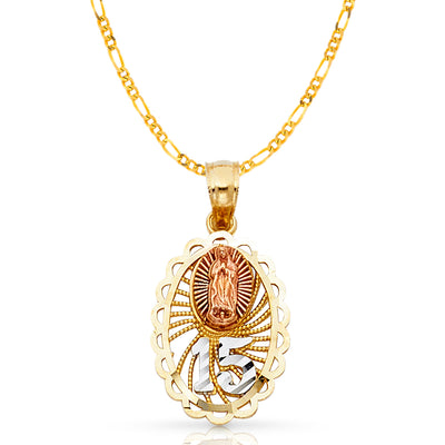 14K Gold Quinceanera Virgin Mary Round Pendant with 2mm Figaro 3+1 Chain