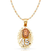 14K Gold Quinceanera Virgin Mary Round Pendant with 2.1mm Valentino Chain