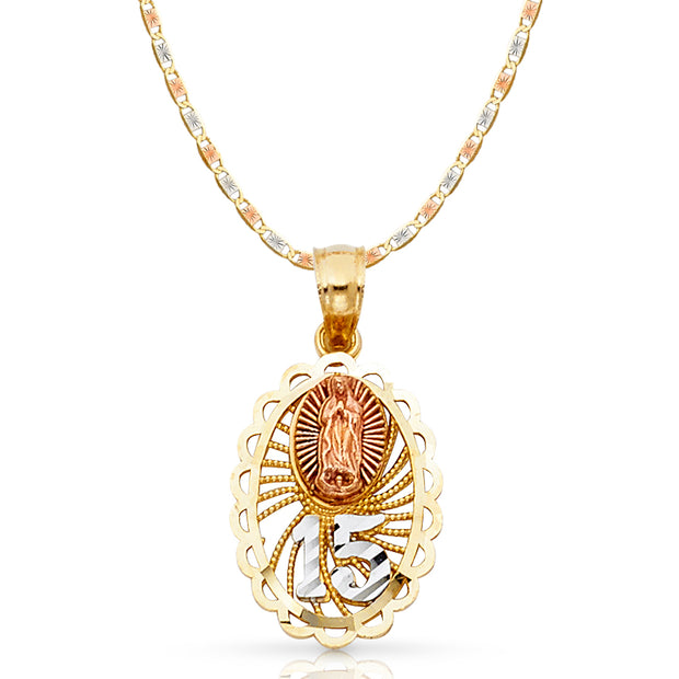 14K Gold Quinceanera Virgin Mary Round Pendant with 2.1mm Valentino Chain