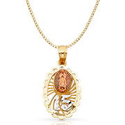 14K Gold Quinceanera Virgin Mary Round Pendant with 2.3mm Hollow Cuban Chain