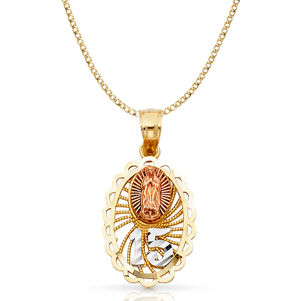 14K Gold Quinceanera Virgin Mary Round Pendant with 2.3mm Hollow Cuban Chain