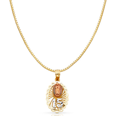 14K Gold Sweet 15 Years Quinceanera Virgin Mary Round Charm Pendant with 0.8mm Box Chain Necklace