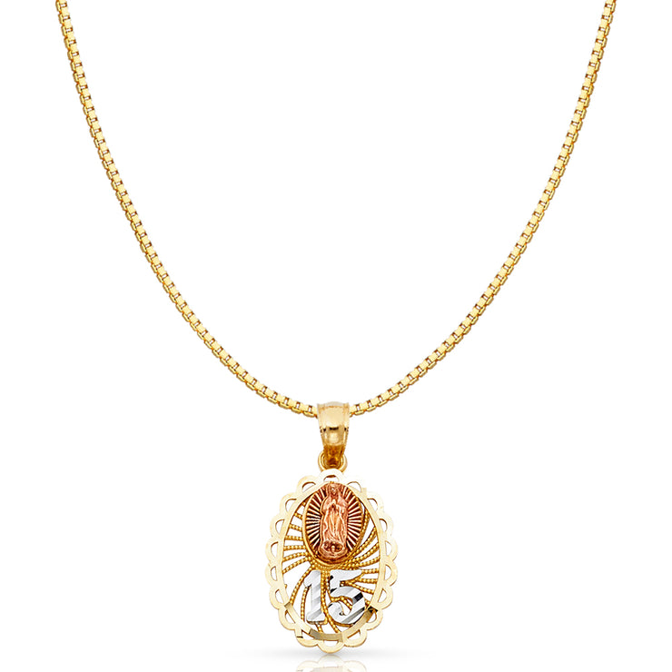 14K Gold Sweet 15 Years Quinceanera Virgin Mary Round Charm Pendant with 0.8mm Box Chain Necklace