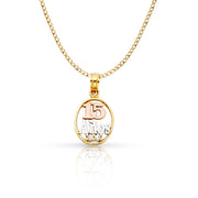 14K Gold Quinceanera CZ Round Pendant with 2mm Hollow Cuban Bevel Chain