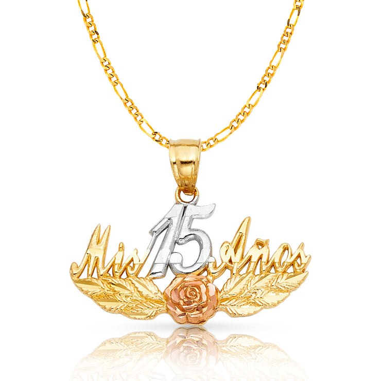 14K Gold Quinceanera Mis 15 Anos Pendant with 2mm Figaro 3+1 Chain