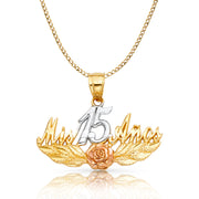 14K Gold Quinceanera Mis 15 Anos Pendant with 2.3mm Hollow Cuban Chain