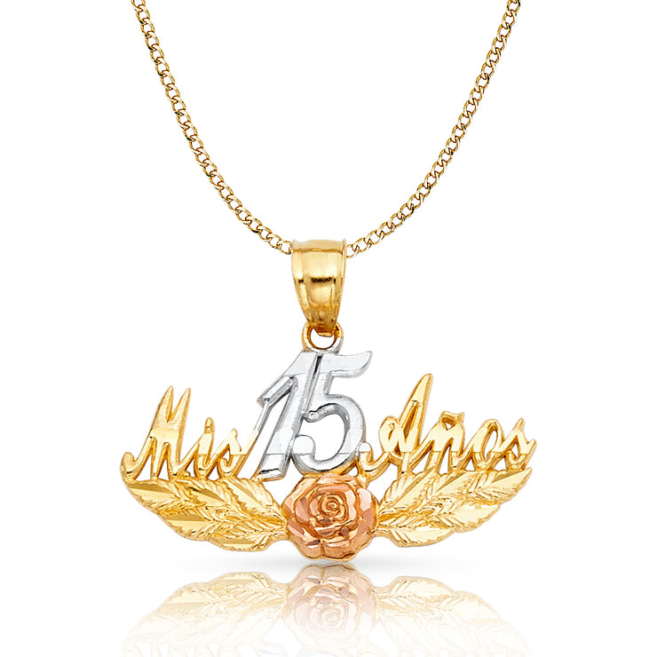 14K Gold Quinceanera Mis 15 Anos Pendant with 2.3mm Hollow Cuban Chain