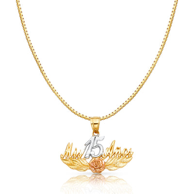 14K Gold Sweet 15 Years Quinceanera Mis 15 Anos Charm Pendant with 0.8mm Box Chain Necklace