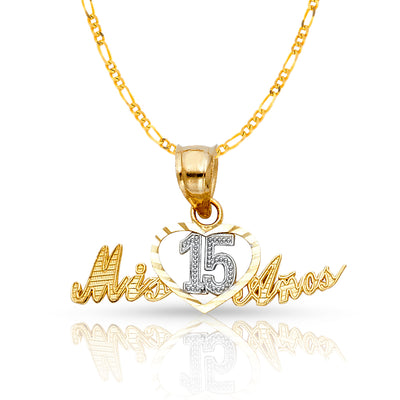 14K Gold Quinceanera Heart Mis 15 Anos Pendant with 1.6mm Figaro 3+1 Chain