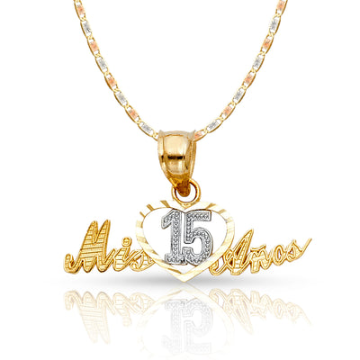 14K Gold Quinceanera Heart Mis 15 Anos Pendant with 1.5mm Valentino Chain