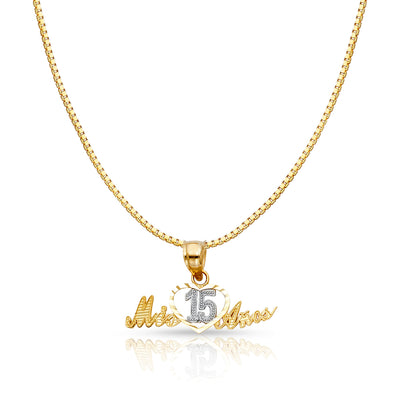 14K Gold Sweet 15 Years Quinceanera Heart Mis 15 Anos Charm Pendant with 0.8mm Box Chain Necklace