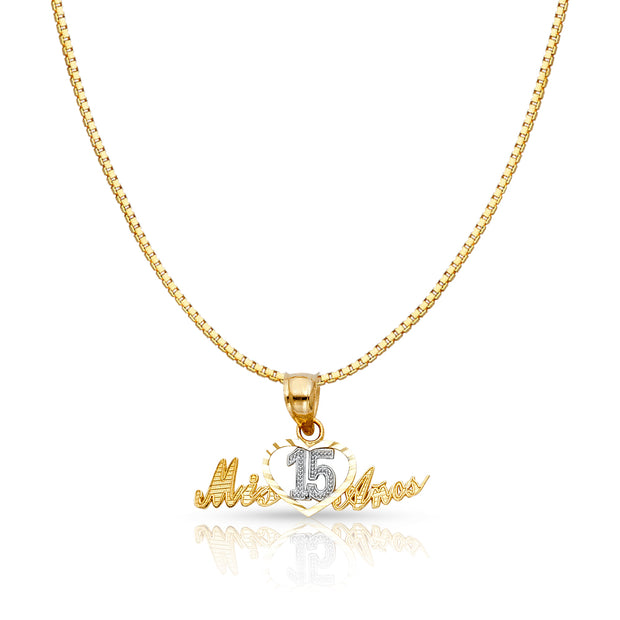 14K Gold Sweet 15 Years Quinceanera Heart Mis 15 Anos Charm Pendant with 0.8mm Box Chain Necklace