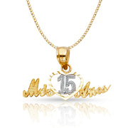 14K Gold Quinceanera Heart Mis 15 Anos Pendant with 2mm Hollow Cuban Bevel Chain