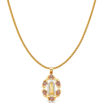 14K Gold Guadalupe Charm Pendant with 1.1mm Wheat Chain Necklace