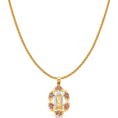 14K Gold Guadalupe Charm Pendant with 1.1mm Wheat Chain Necklace