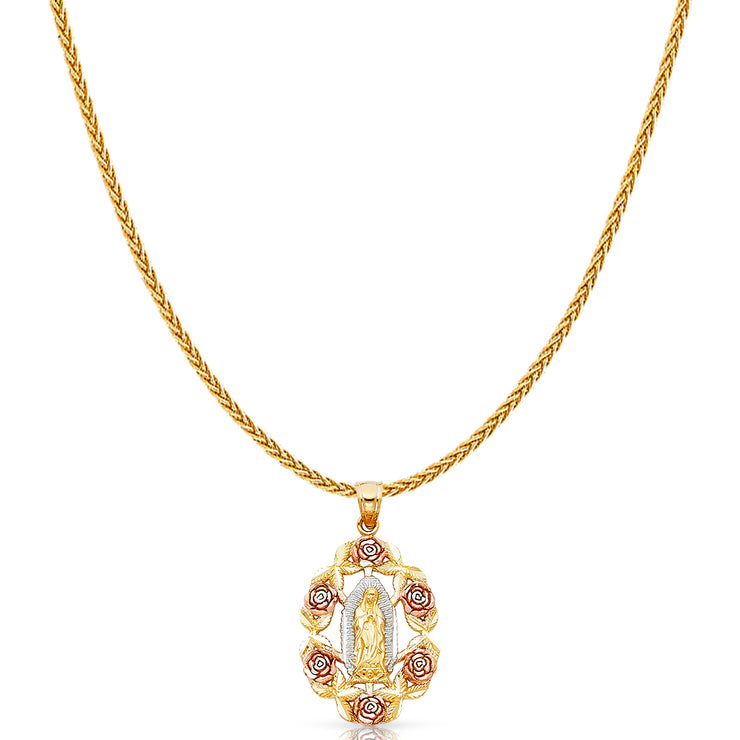 14K Gold Guadalupe Charm Pendant with 1.1mm Wheat Chain Necklace