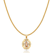 14K Gold Guadalupe CZ Charm Pendant with 1.1mm Wheat Chain Necklace