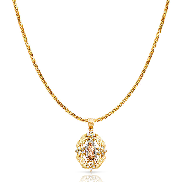 14K Gold Guadalupe CZ Charm Pendant with 1.1mm Wheat Chain Necklace