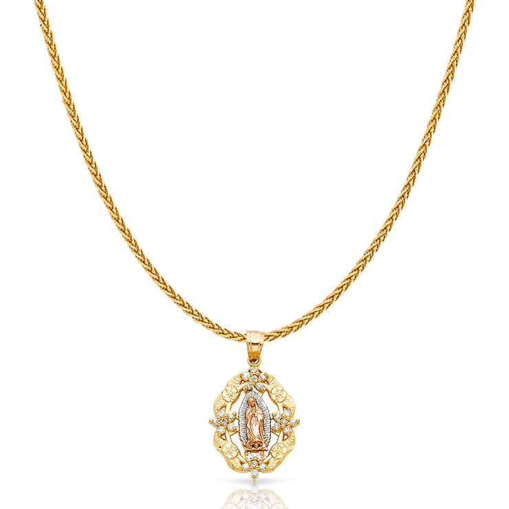 14K Gold Guadalupe CZ Charm Pendant with 1.1mm Wheat Chain Necklace