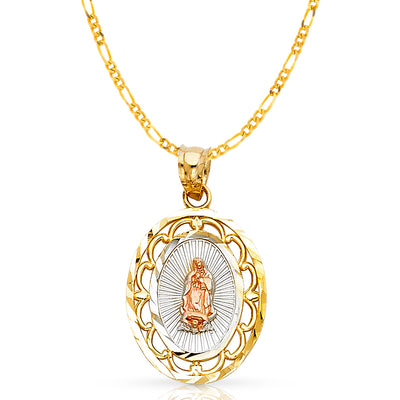 14K Gold Guadalupe Pendant with 2mm Figaro 3+1 Chain