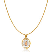 14K Gold Guadalupe Charm Pendant with 0.9mm Wheat Chain Necklace