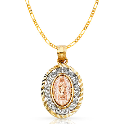 14K Gold Guadalupe Pendant with 2mm Figaro 3+1 Chain