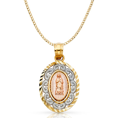 14K Gold Guadalupe Pendant with 2.3mm Hollow Cuban Chain