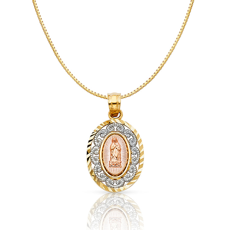 14K Gold Religious Guadalupe Charm Pendant with 0.8mm Box Chain Necklace