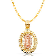 14K Gold Guadalupe Pendant with 2mm Figaro 3+1 Chain