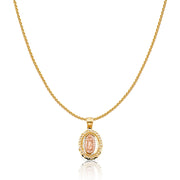 14K Gold Guadalupe Charm Pendant with 0.9mm Wheat Chain Necklace