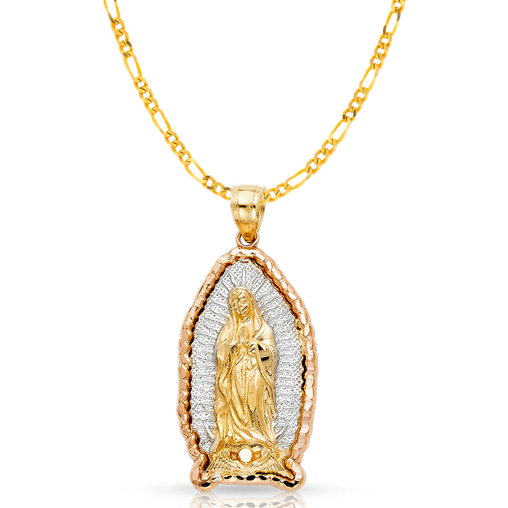 14K Gold Guadalupe Pendant with 1.6mm Figaro 3+1 Chain