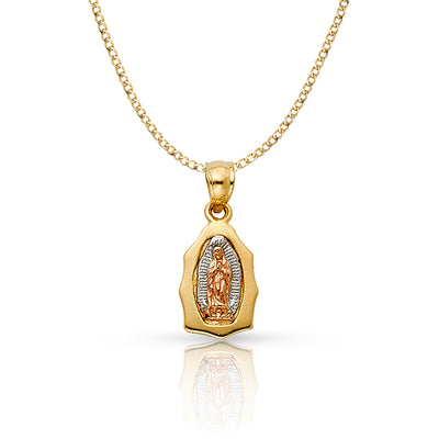 14K Gold Guadalupe Pendant with 2mm Hollow Cuban Bevel Chain
