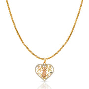 14K Gold Guadalupe Charm Pendant with 1.1mm Wheat Chain Necklace