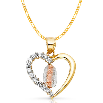 14K Gold Guadalupe CZ Pendant with 2mm Figaro 3+1 Chain