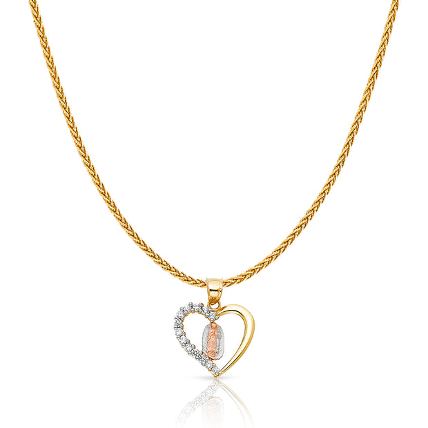 14K Gold Guadalupe CZ Charm Pendant with 1.1mm Wheat Chain Necklace