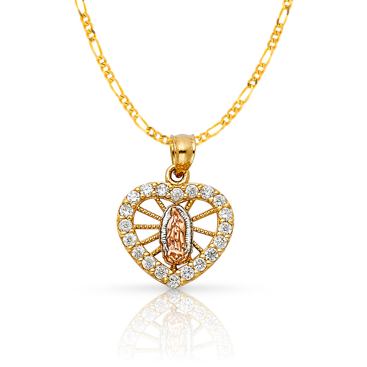 14K Gold Guadalupe Heart CZ Pendant with 2mm Figaro 3+1 Chain