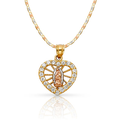 14K Gold Guadalupe Heart CZ Pendant with 2.1mm Valentino Chain