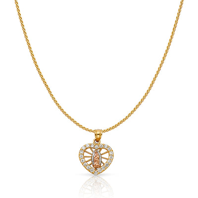 14K Gold Guadalupe Heart CZ Charm Pendant with 0.9mm Wheat Chain Necklace