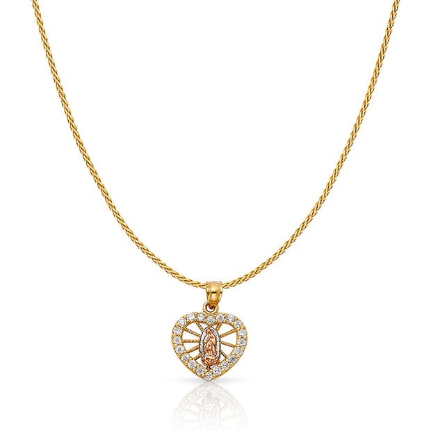 14K Gold Guadalupe Heart CZ Charm Pendant with 0.9mm Wheat Chain Necklace