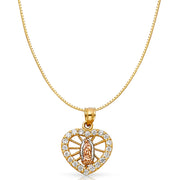 14K Gold Religious Guadalupe Heart CZ Charm Pendant with 0.8mm Box Chain Necklace